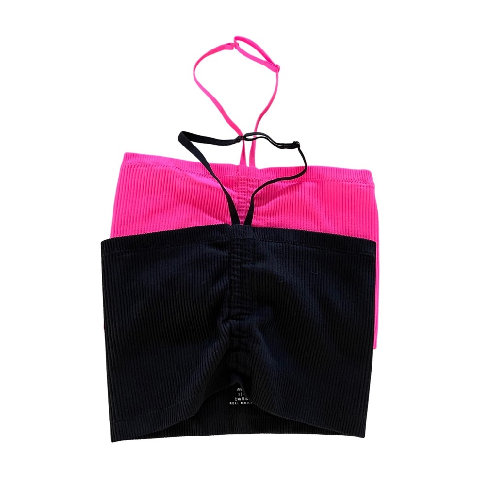 Aerie Halter Tube Top Womens Small Black Pink Y2K Neon Ribbed 2 Pack Bundle